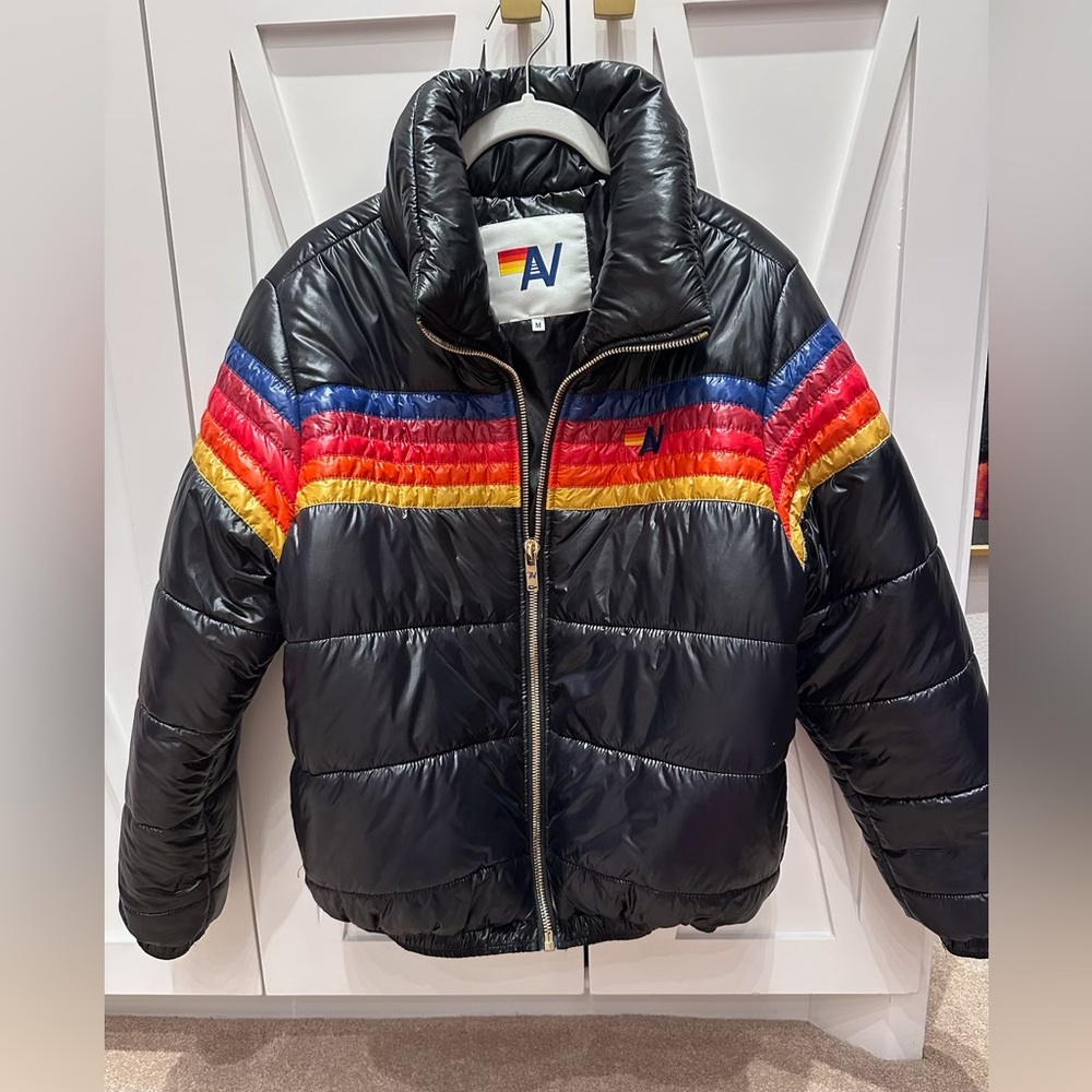 5 STRIPE LUXE APRES PUFFER JACKET - GLOSSY BLACK - Aviator Nation